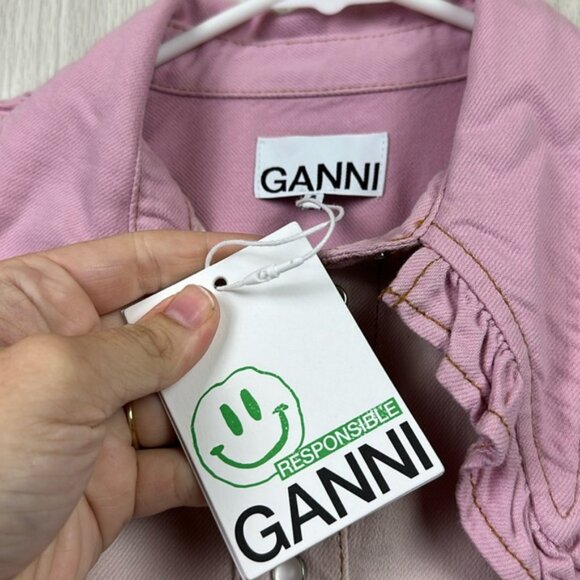 Ganni Womens Oversized Cutline Denim Jacket Top 32 Pink Long Sleeve NEW Button - Picture 3 of 7